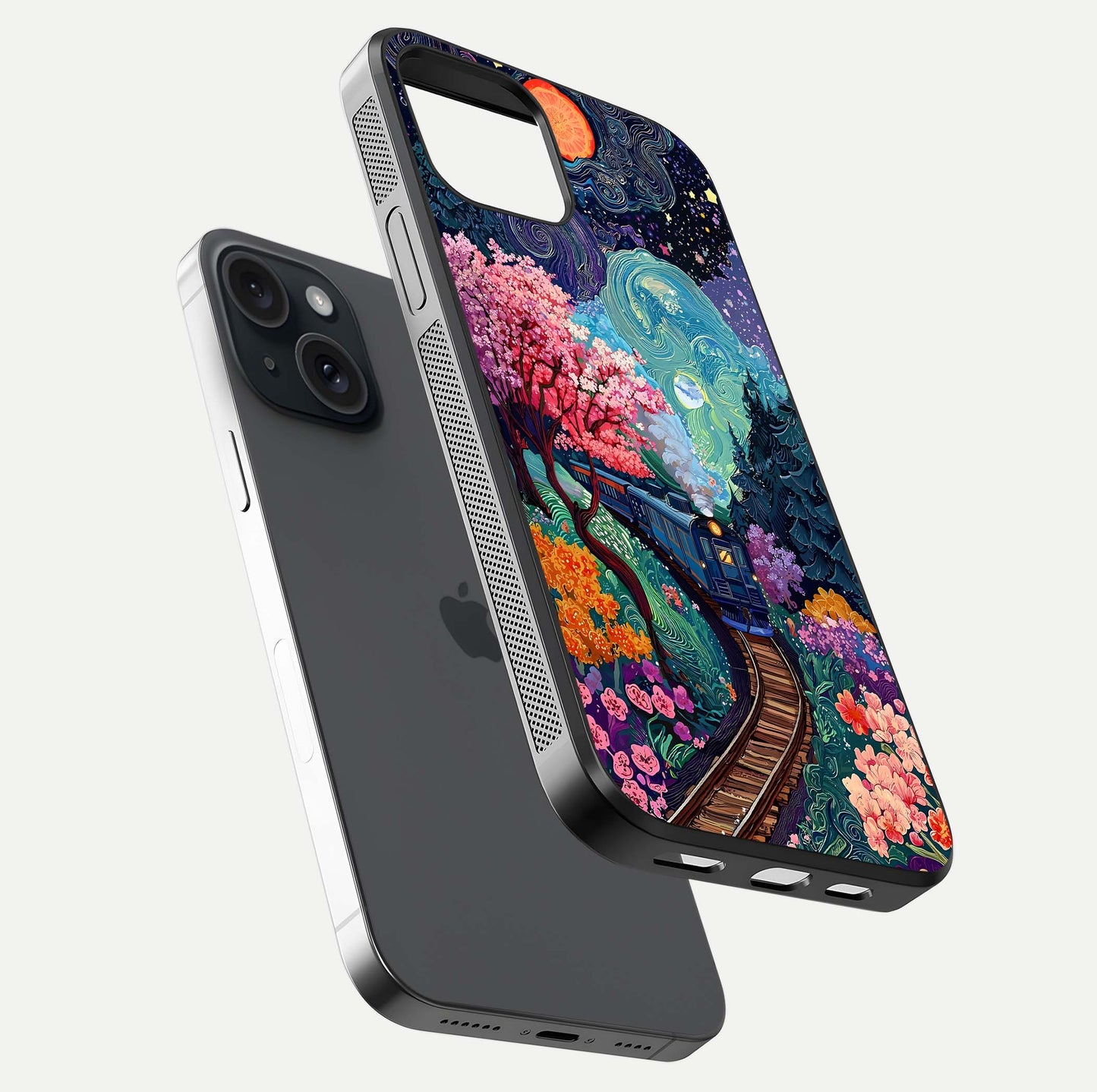 Digital Art Glass Case for iPhone 15 floating mockup showing HD gloss and smooth reflection