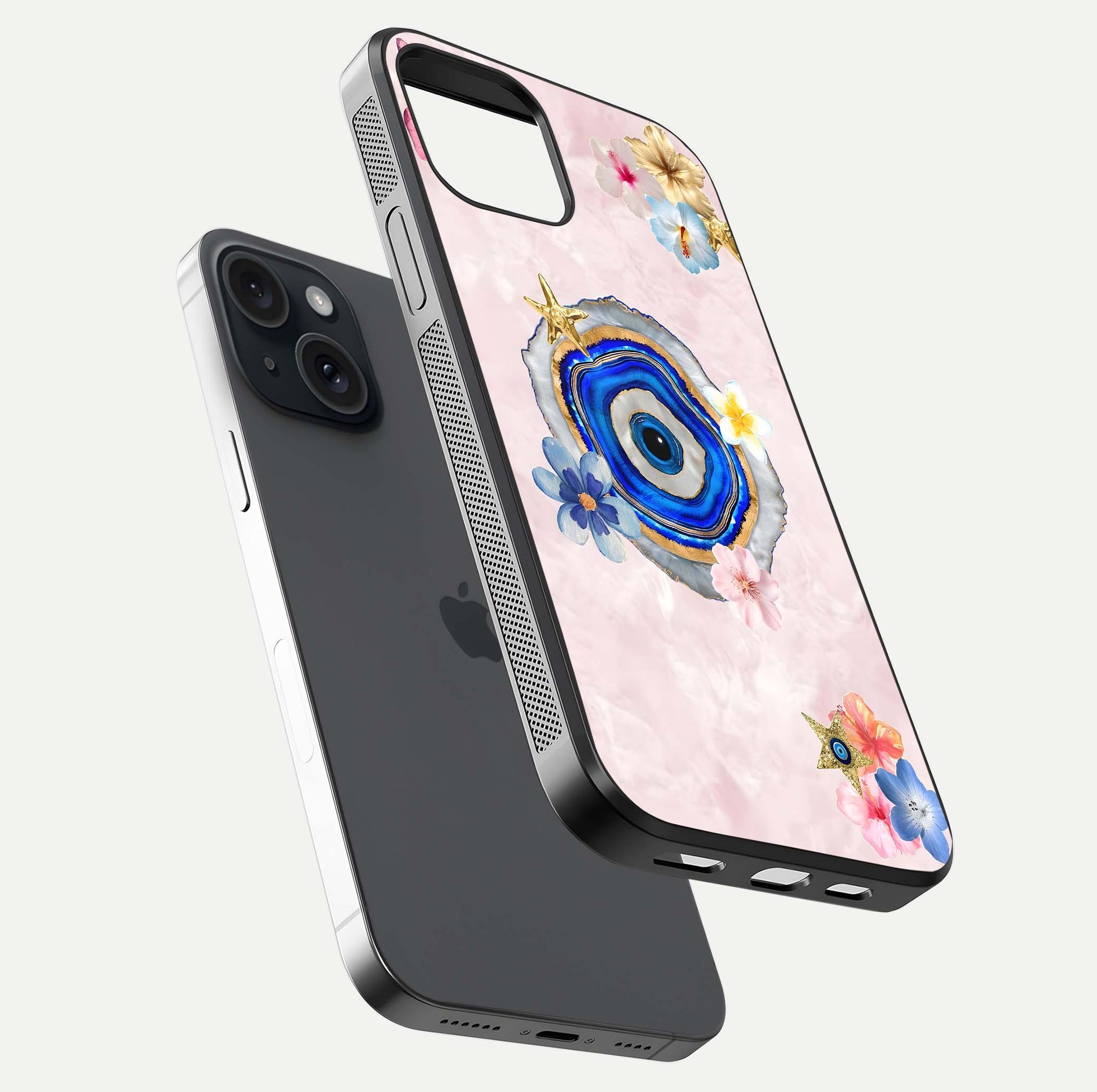 Divine Aura Bloom Glass Case for iPhone 15 floating mockup showing gloss texture and elegant design
