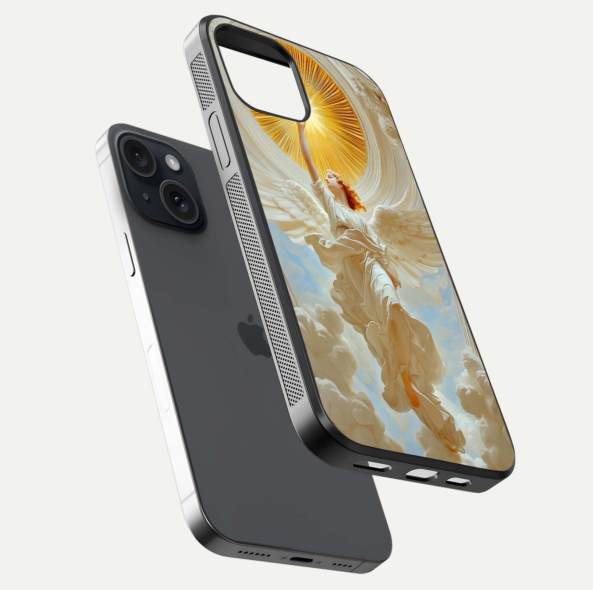 Divine Light Angel Glass Case for iPhone 15 floating mockup showing gloss texture and radiant light