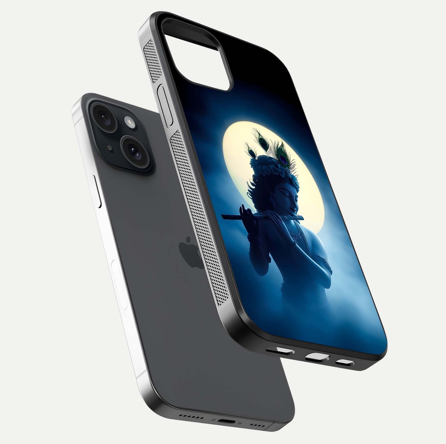 Divine Moon Flute Glass Case for iPhone 15 floating mockup showing HD gloss and luminous texture