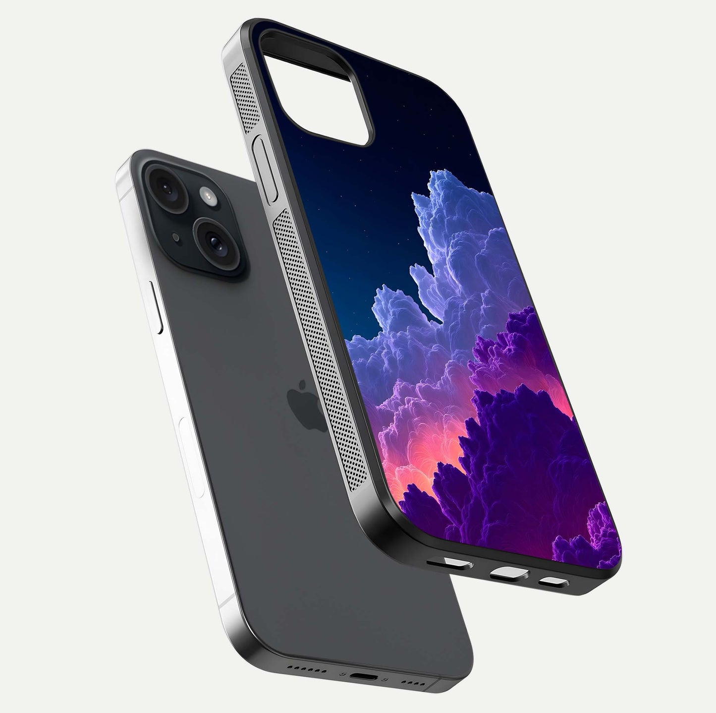 Dreamy Cloud Skies Glass Case for iPhone 15 floating mockup showing glossy depth and delicate tone