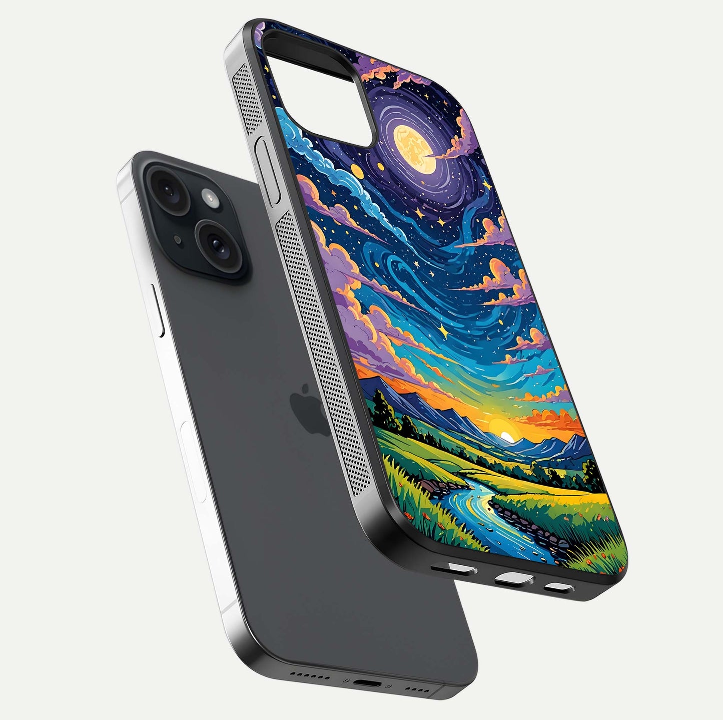 Dreamy Night Landscape Glass Case for iPhone 15 floating mockup showing glossy depth and serene color