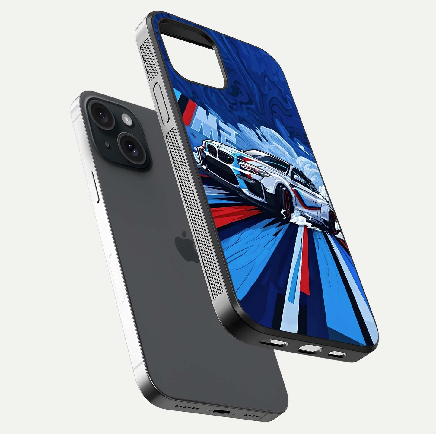 Drift Power Rush Glass Case for iPhone 15 floating mockup showing gloss polish and speed-theme design