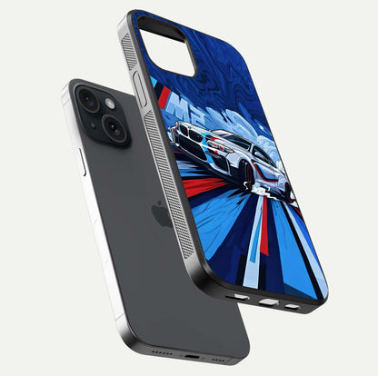 Drift Power Rush Glass Case for iPhone 15 floating mockup showing gloss polish and speed-theme design
