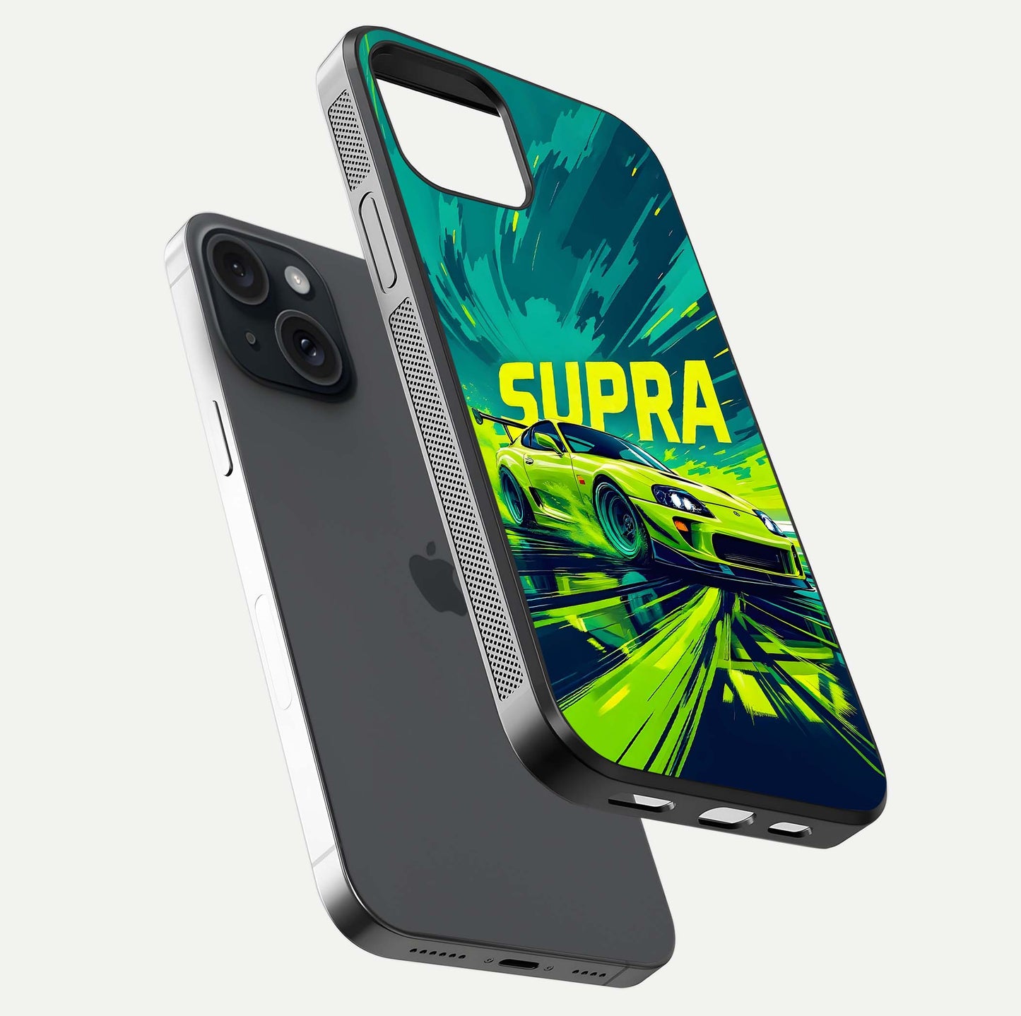 Electric Supra Thunder Glass Case for iPhone 15 floating mockup showing gloss depth and energy glow