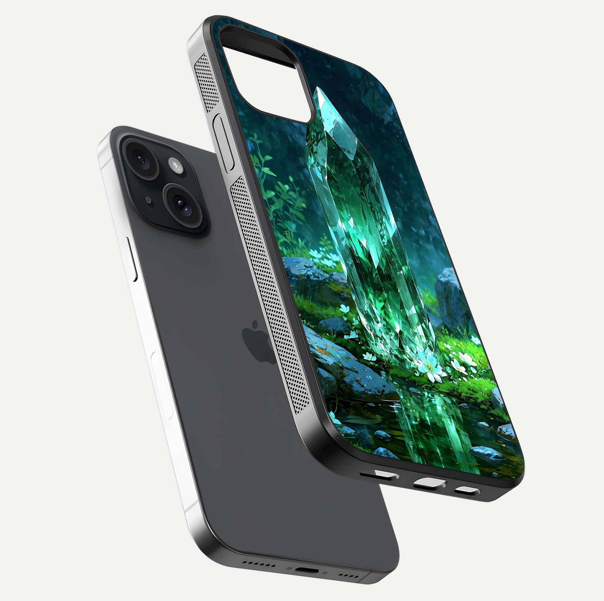 Emerald Light Crystal Glass Case for iPhone 15 floating mockup showing glossy finish and radiant light pattern