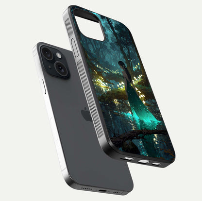 Enchanted Forest Glow Glass Case for iPhone 15 floating mockup showing gloss polish and fantasy vibe