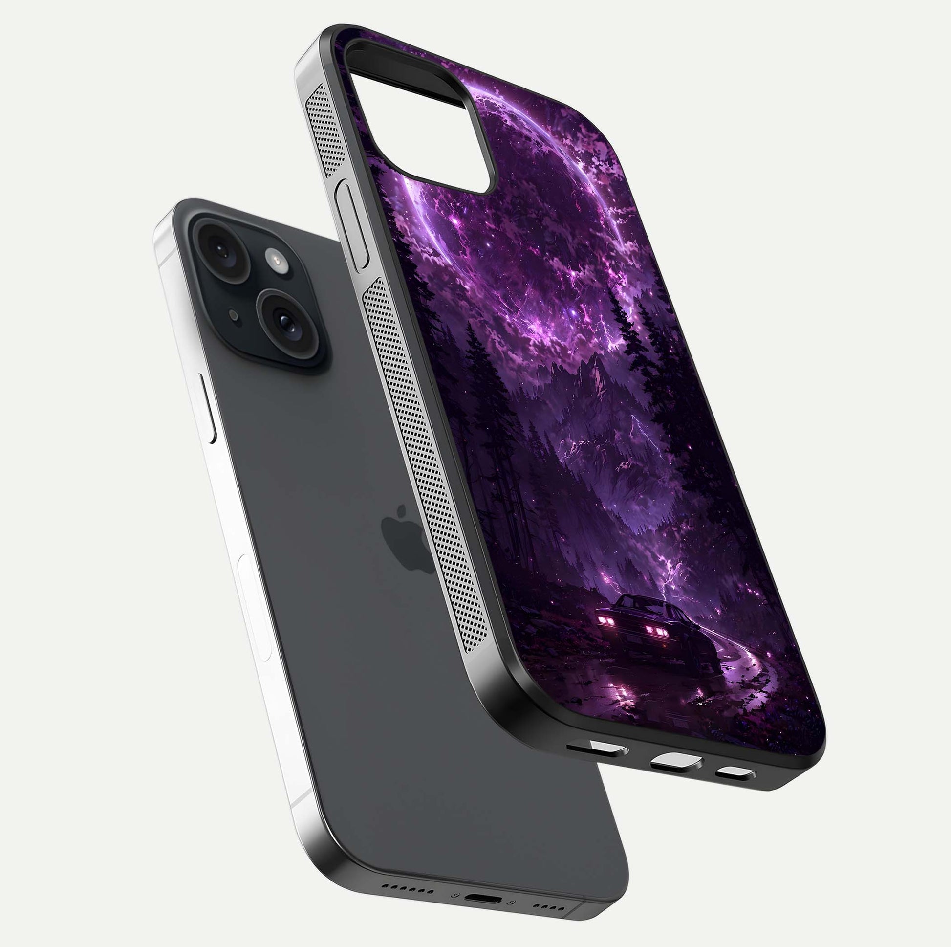 Eternal Cosmic Drive Glass Case for iPhone 15 floating mockup showing glossy polish and vivid glow