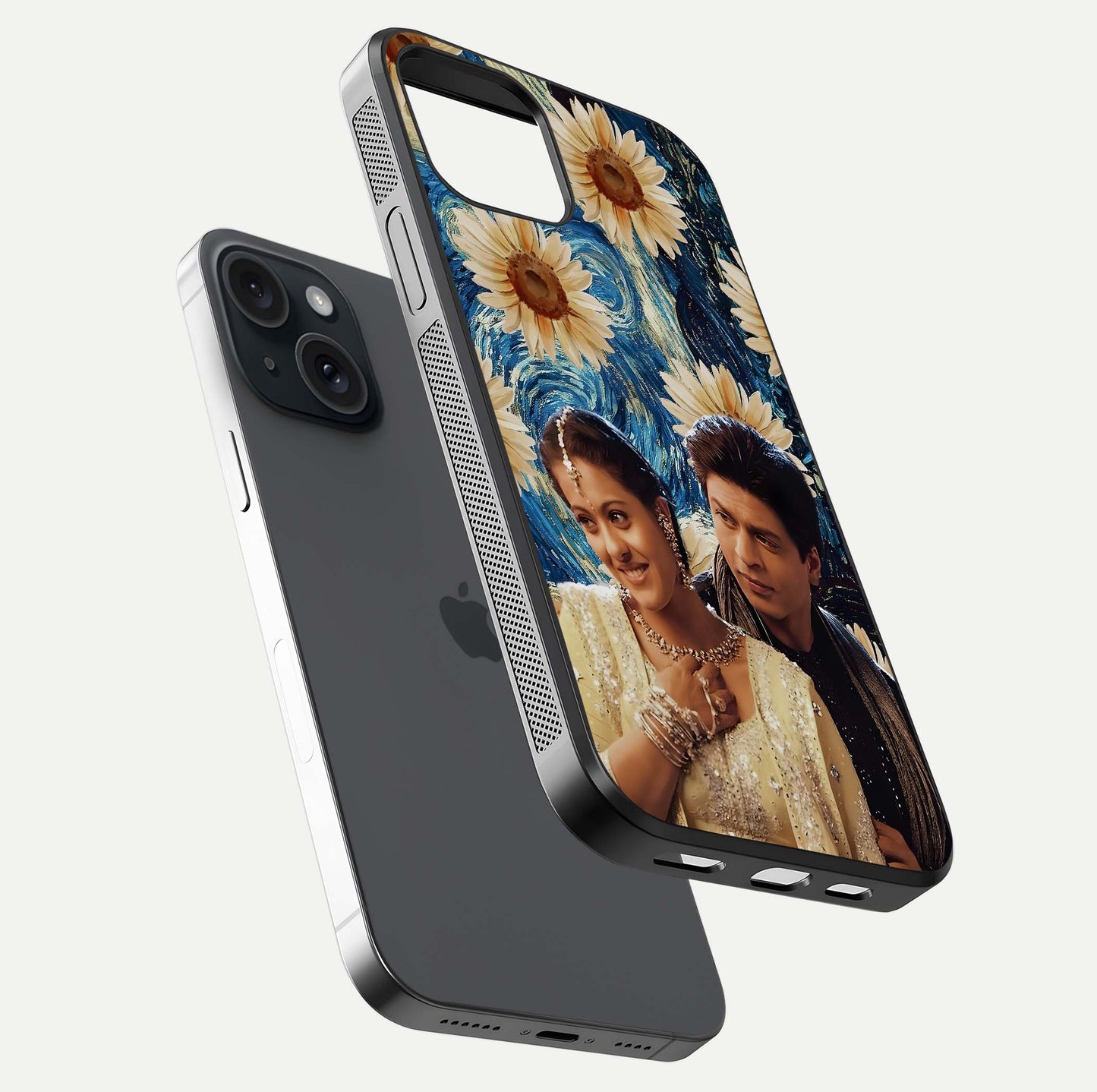 Eternal Love Story Glass Case for iPhone 15 floating mockup showing glossy shine and romantic tone