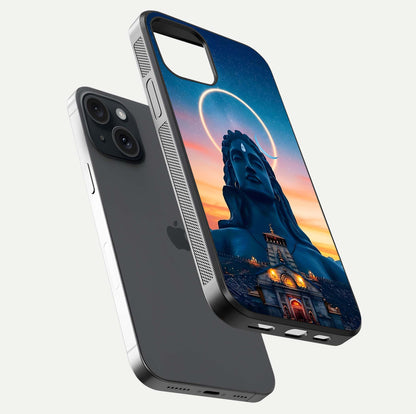 Eternal Shiva Aura Glass Case for iPhone 15 floating mockup showing gloss texture and spiritual glow