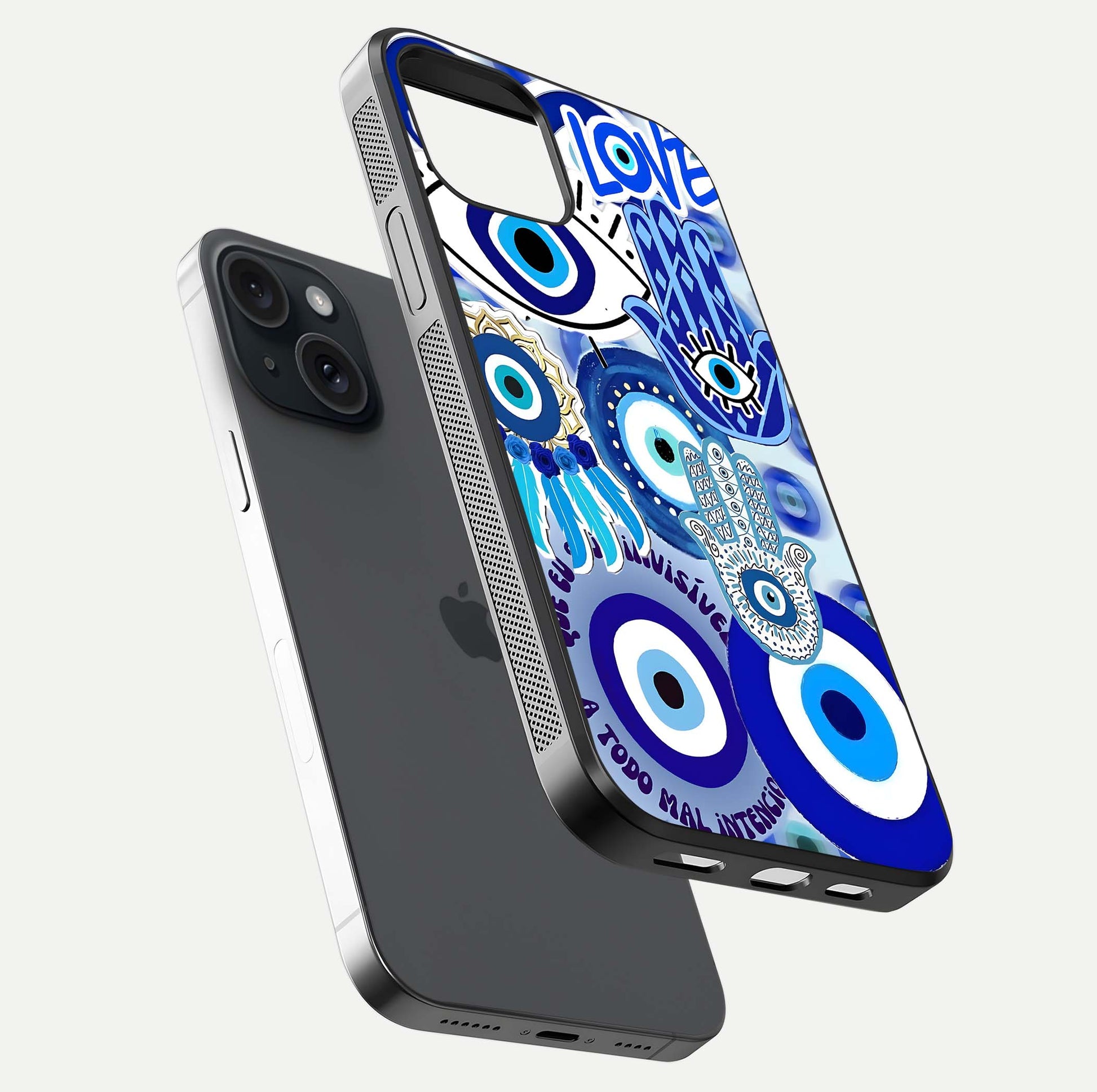 Evil Eyes Dream Glass Case for iPhone 15 floating mockup showing glossy shine and elegant pattern clarity