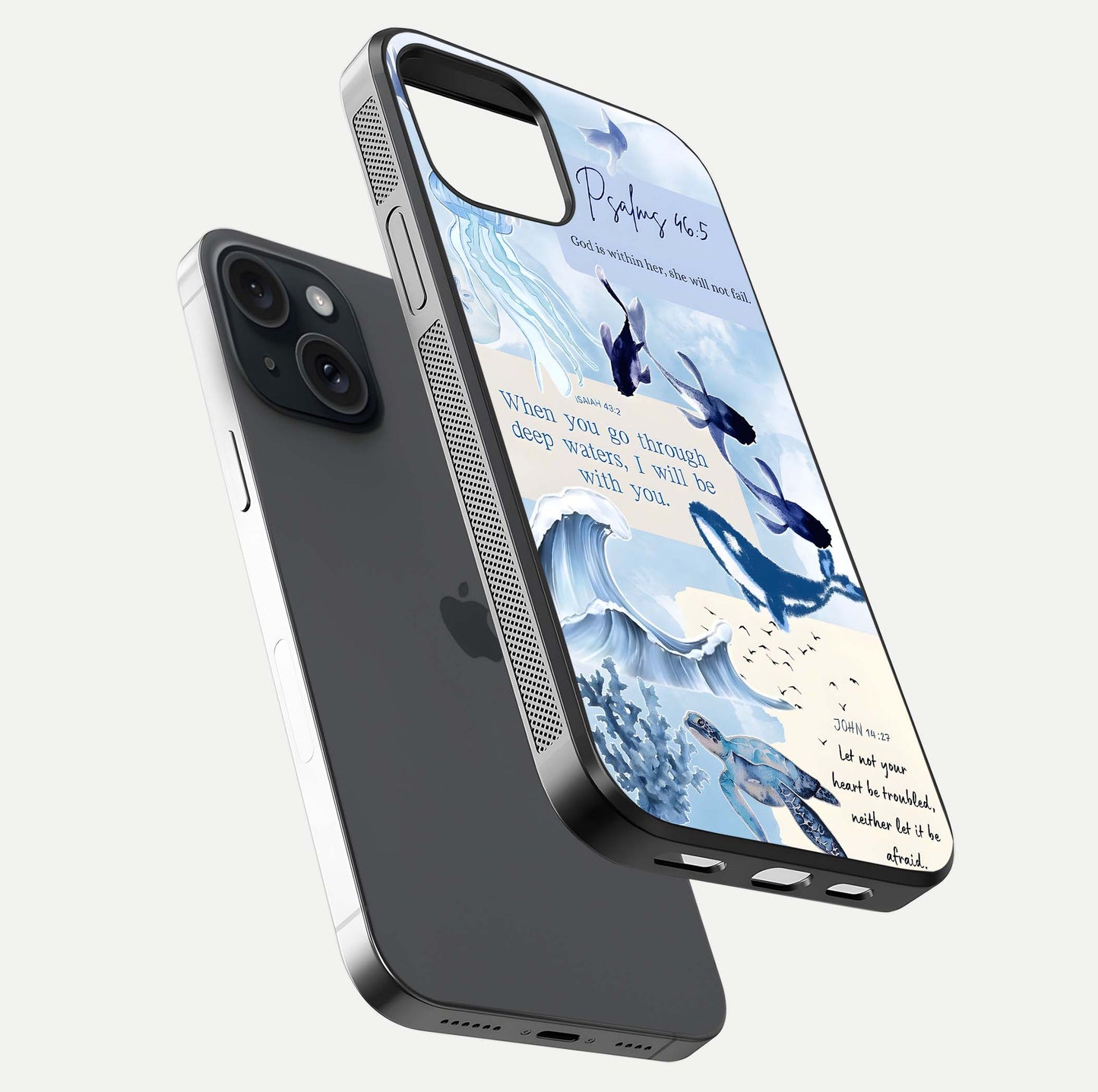 Faithful Ocean Promise Glass Case for iPhone 15 floating mockup displaying glossy surface and vivid depth