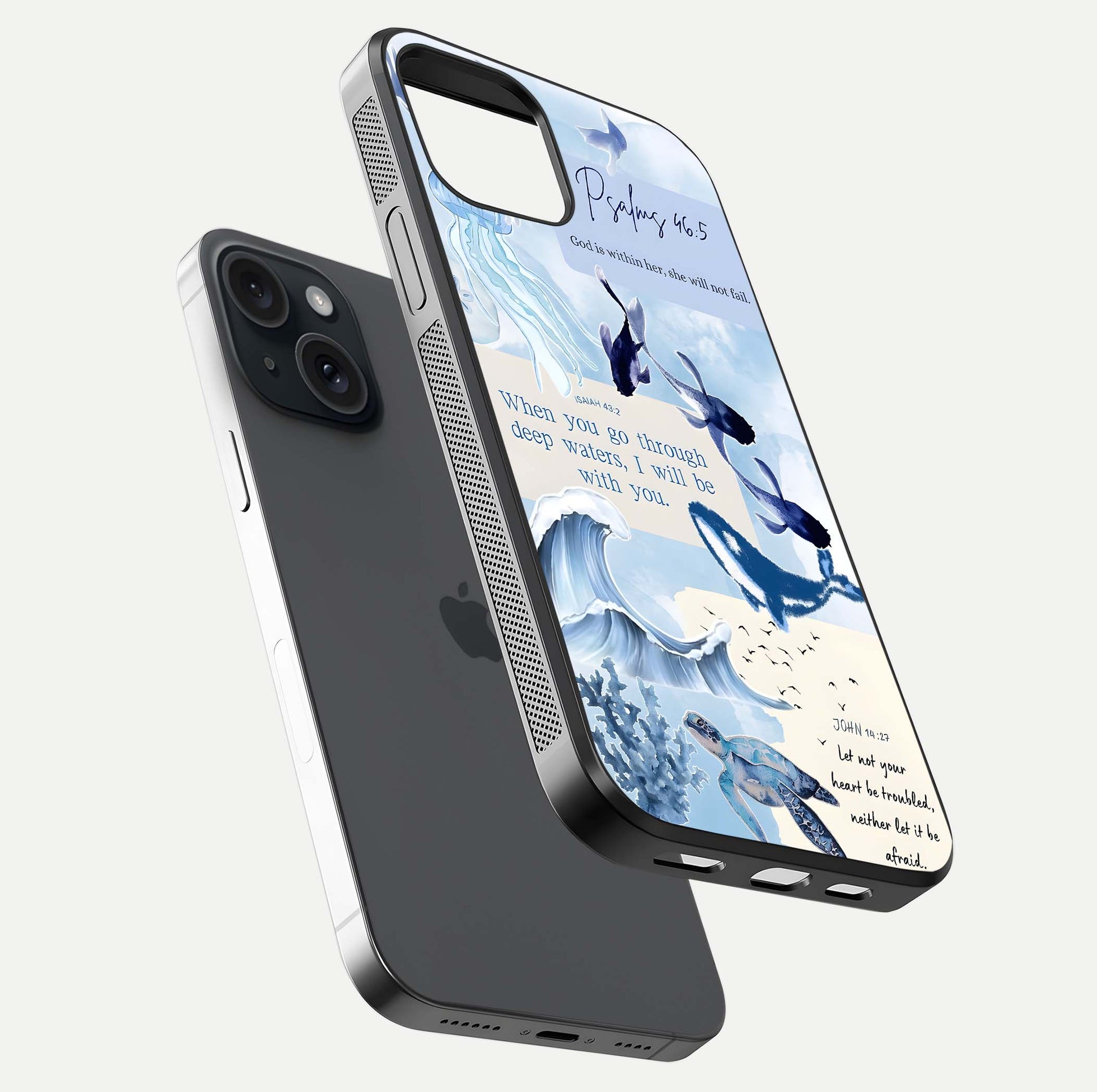 Faithful Ocean Promise Glass Case for iPhone 15 floating mockup displaying glossy surface and vivid depth