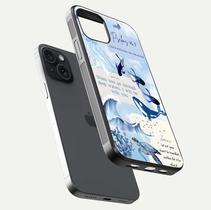 Faithful Ocean Promise Glass Case for iPhone 15 floating mockup displaying glossy surface and vivid depth