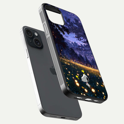 Firefly Meadow Magic Glass Case for iPhone 15 floating mockup showing gloss polish and magical night hues