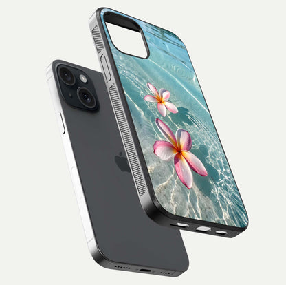 Floating Bloom Bliss Glass Case for iPhone 15 floating mockup showing HD gloss shine and floral texture
