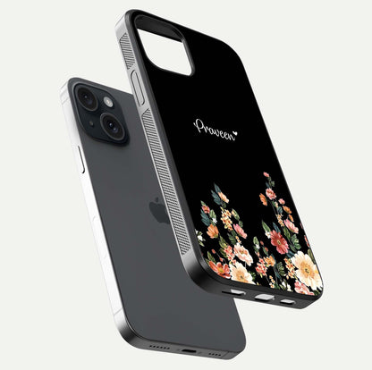 Floral Design Personalized Custom Name Glass Case for iPhone 15 floating mockup showing reflection polish and vivid colors
