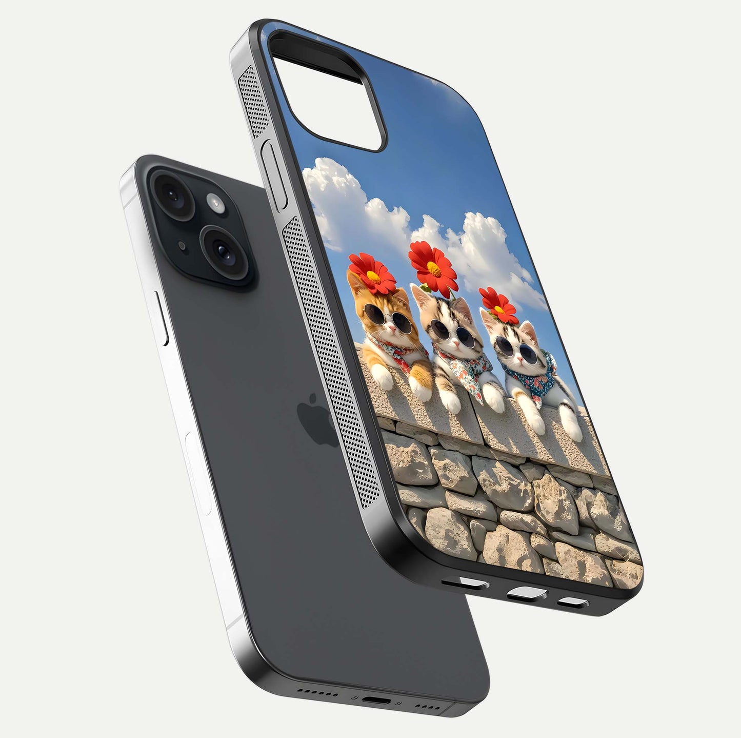 Floral Kitty Squad Glass Case for iPhone 15 floating mockup showing gloss texture and playful charm