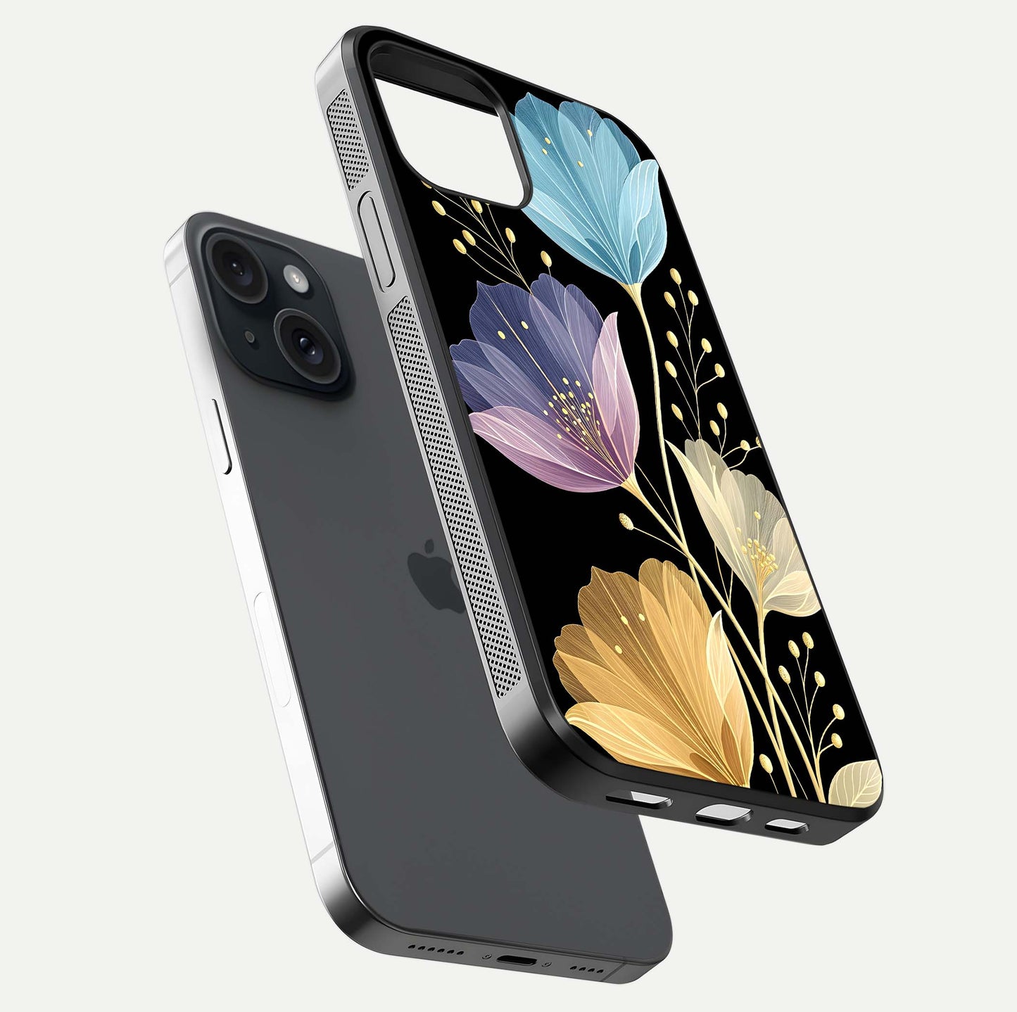Flower Bloom Glow Glass Case for iPhone 15 floating mockup showing HD shine and artistic detail