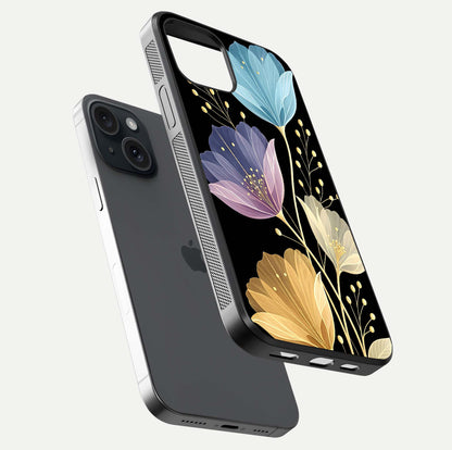 Flower Bloom Glow Glass Case for iPhone 15 floating mockup showing HD shine and artistic detail