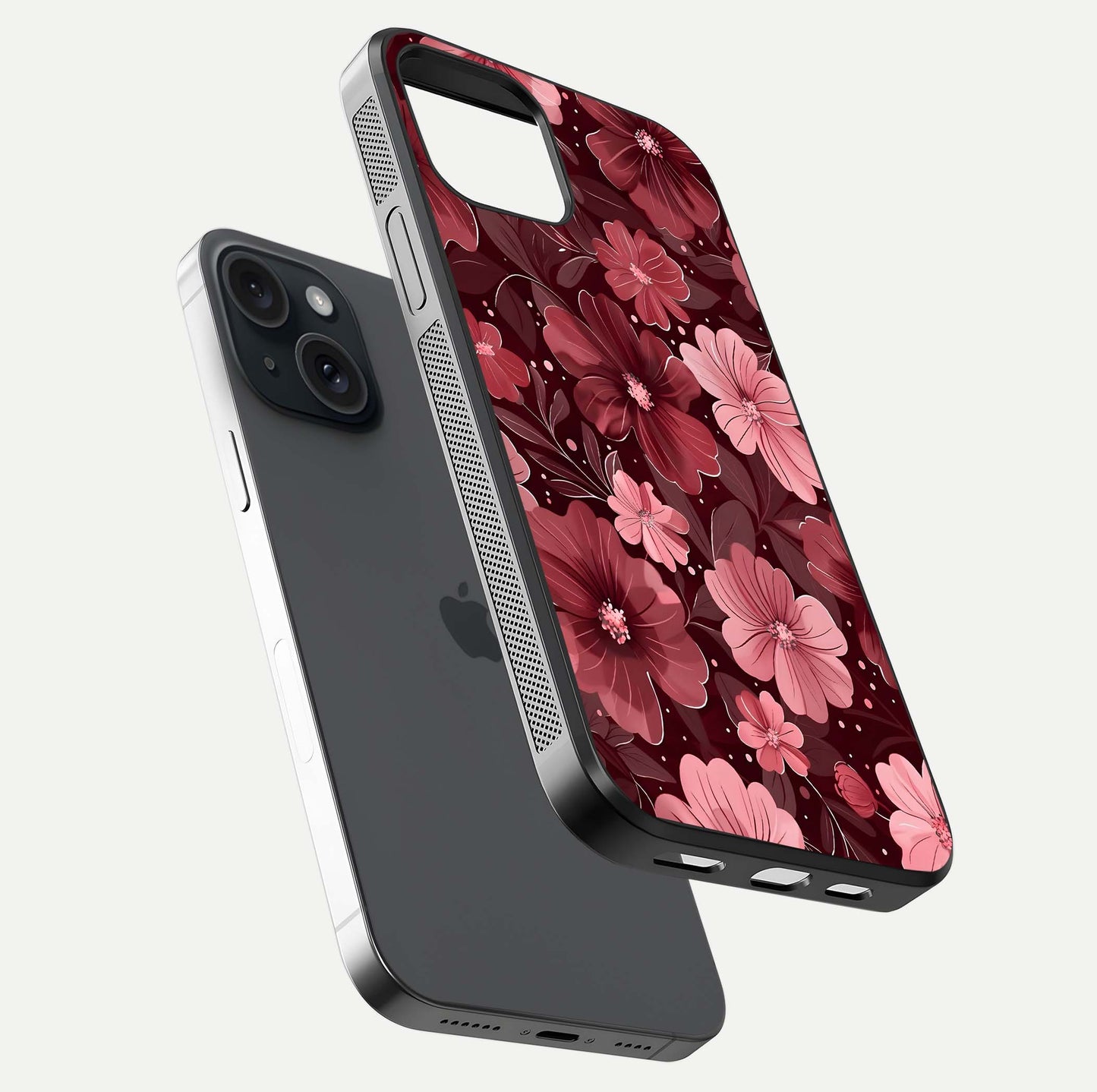 Flower Blush Bloom Glass Case for iPhone 15 floating mockup showing shine polish and elegant look