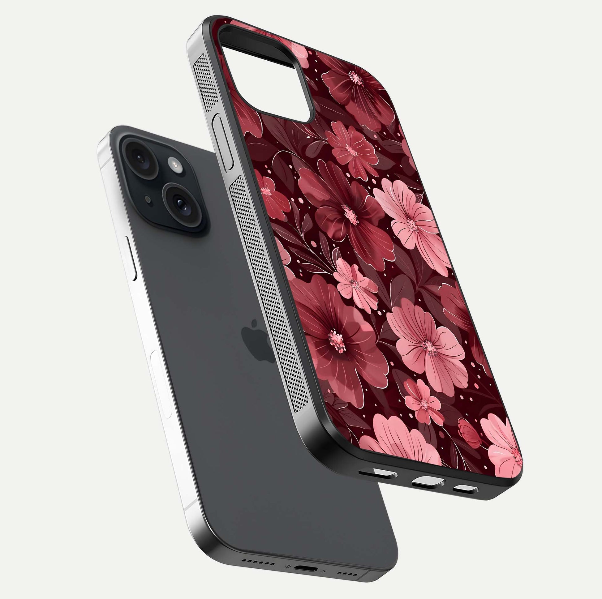 Flower Blush Bloom Glass Case for iPhone 15 floating mockup showing shine polish and elegant look