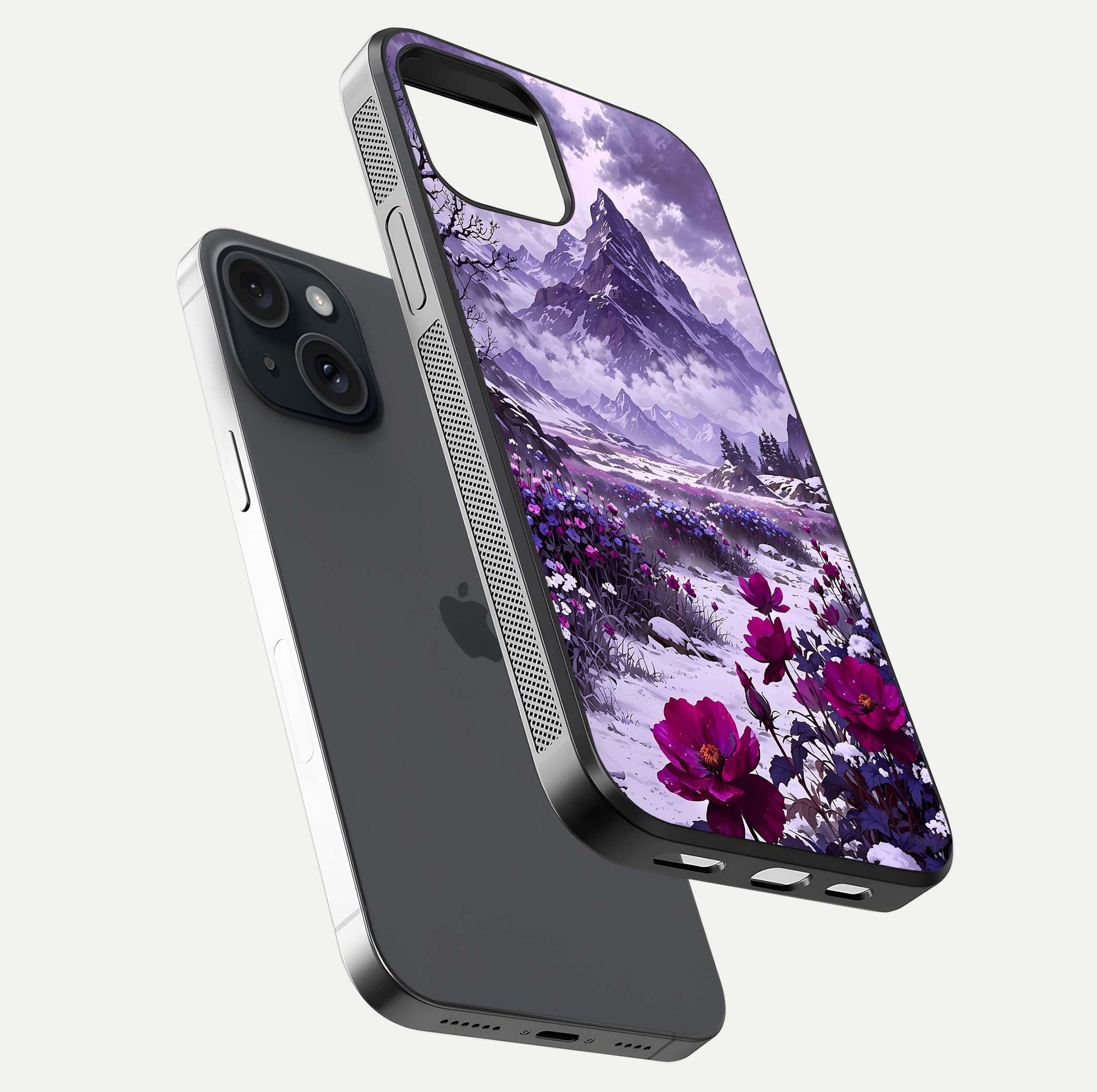 Flower Mountain View Glass Case for iPhone 15 floating mockup showing reflection glow and artistic clarity