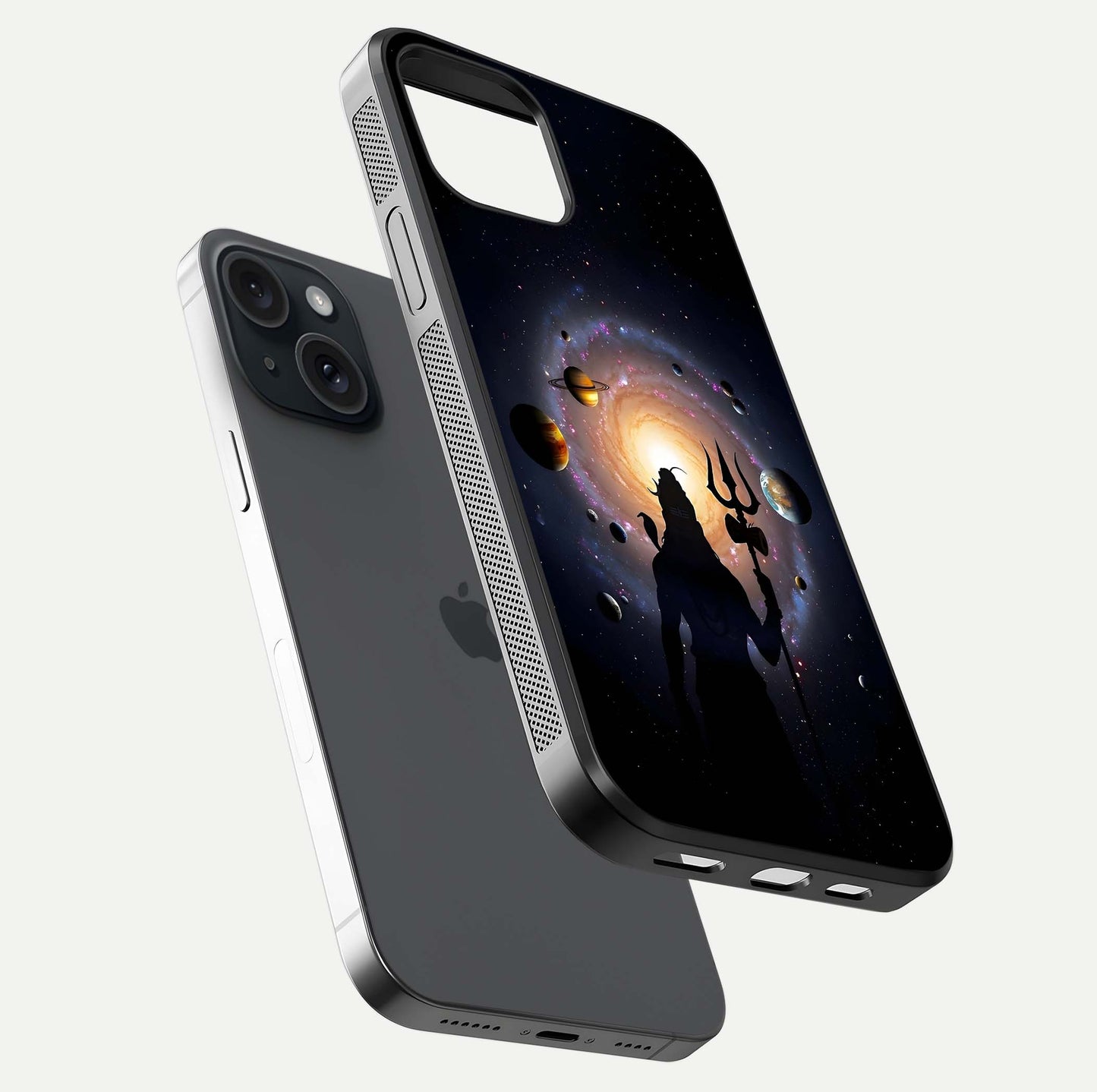 Galactic Shiva Vision Glass Case for iPhone 15 floating dual-view mockup displaying vibrant cosmic colors and smooth gloss texture