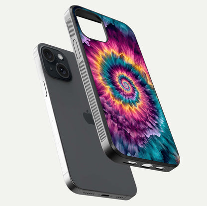 Galactic Spiral Burst Glass Case for iPhone 15 floating dual-view mockup displaying light trails and smooth gloss shine