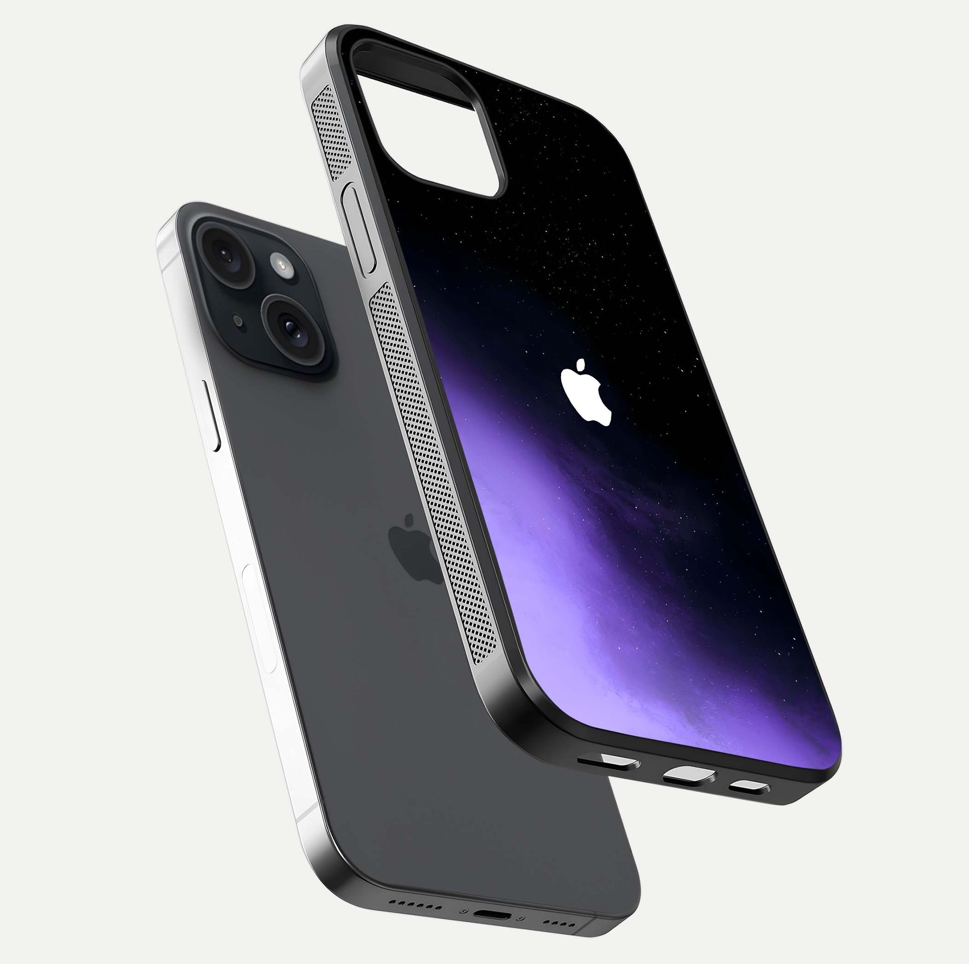 Galaxy Apple Aura Glass Case for iPhone 15 floating dual-view mockup highlighting HD gloss and deep space color blend