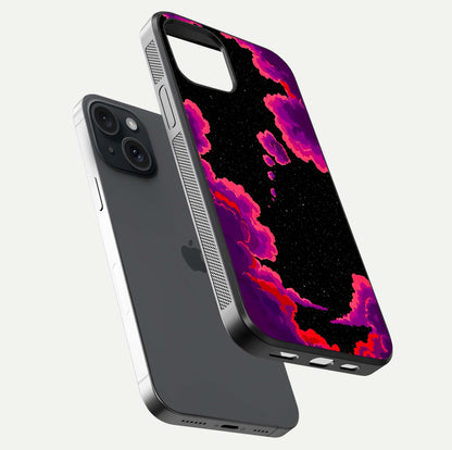 Galaxy Dream Frame Glass Case for iPhone 15 floating dual-view mockup showing vibrant gloss and space-themed tones