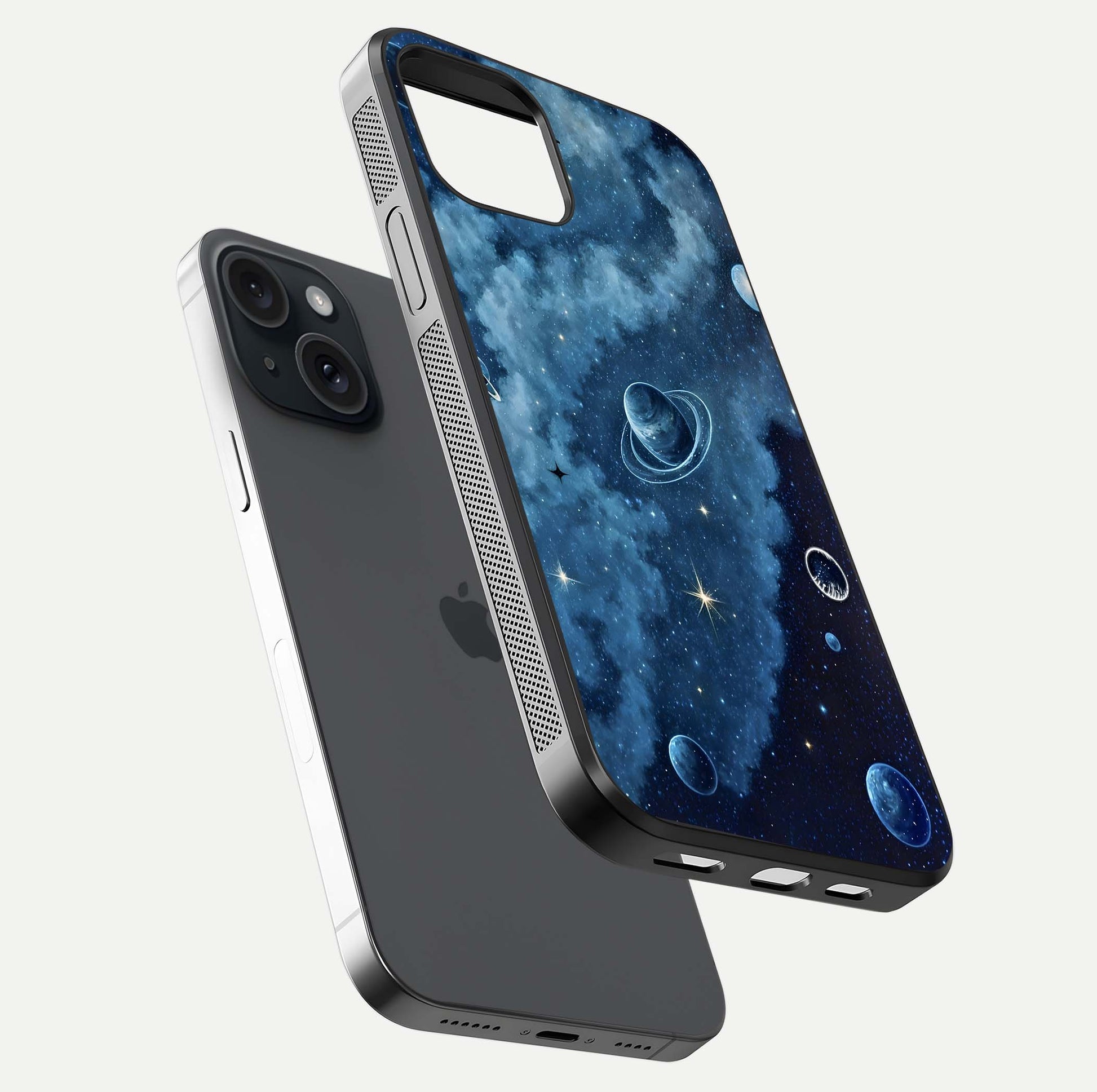 Galaxy Dream Space Glass Case for iPhone 15 floating dual-view mockup showing glossy finish and celestial depth