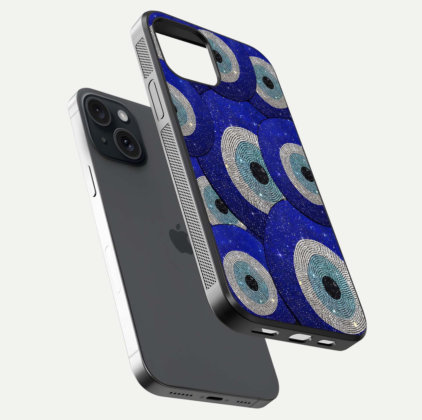 Galaxy Eye Flow Glass Case for iPhone 15 floating dual-view mockup showing gloss polish and glowing tones