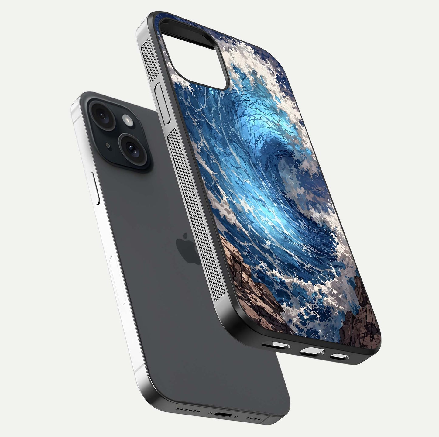 Giant Ocean Wave Glass Case for iPhone 15 floating dual-view mockup showing glossy depth and aquatic blue gradient