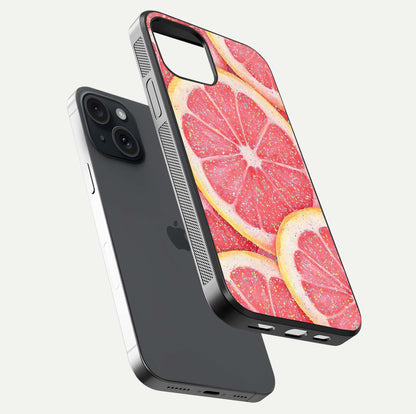 Glitter Grapefruit Glass Case for iPhone 15 floating dual-view mockup showing HD gloss and fresh color detail
