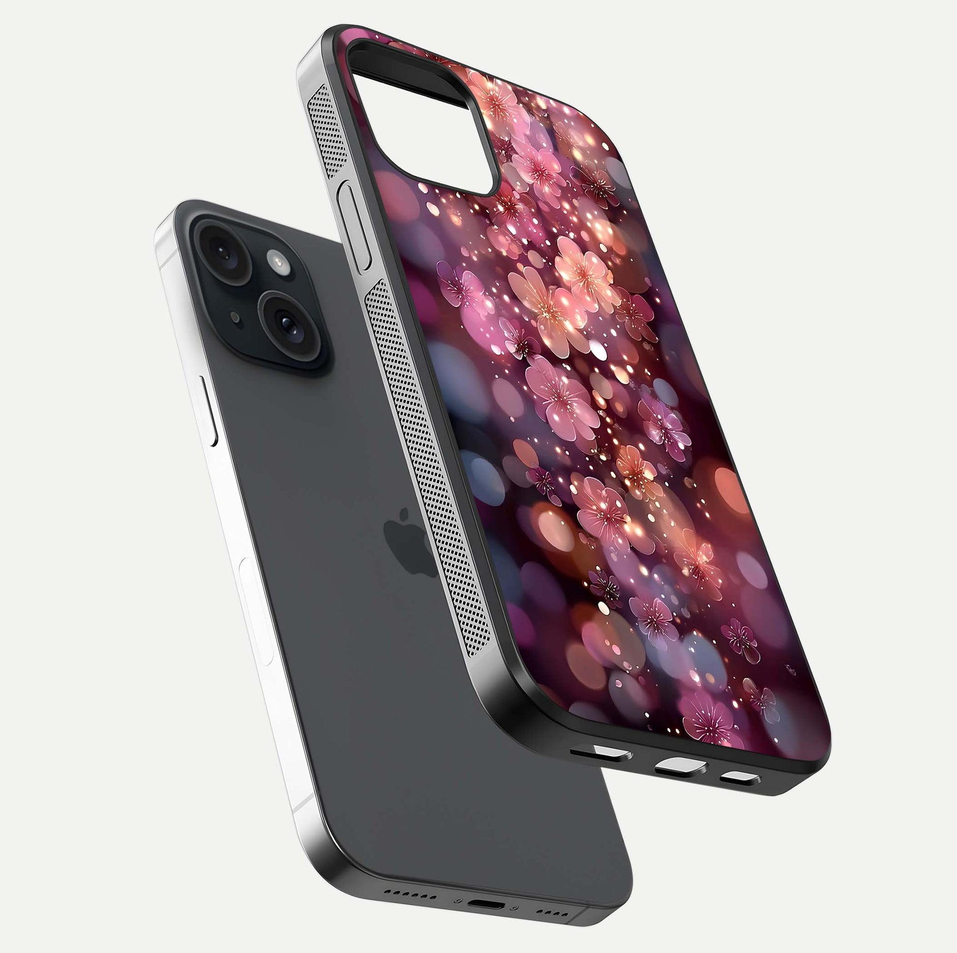Glowing Petal Bliss Glass Case for iPhone 15 floating dual-view mockup showing gloss brightness and delicate tone