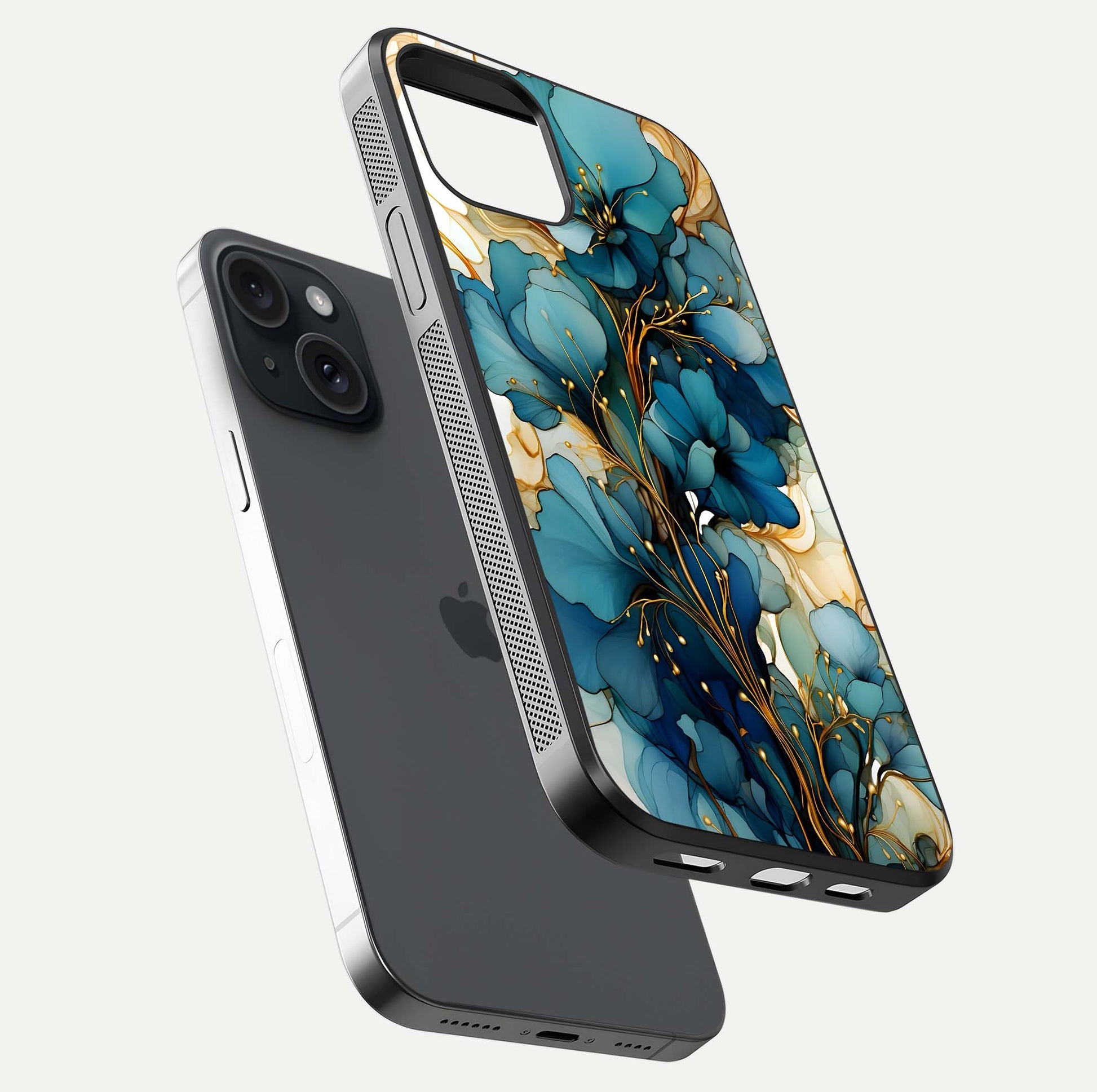 Golden Bloom Symphony Glass Case for iPhone 15 floating dual-view mockup displaying shine texture and luxury pattern