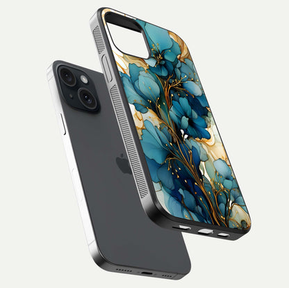 Golden Bloom Symphony Glass Case for iPhone 15 floating dual-view mockup displaying shine texture and luxury pattern