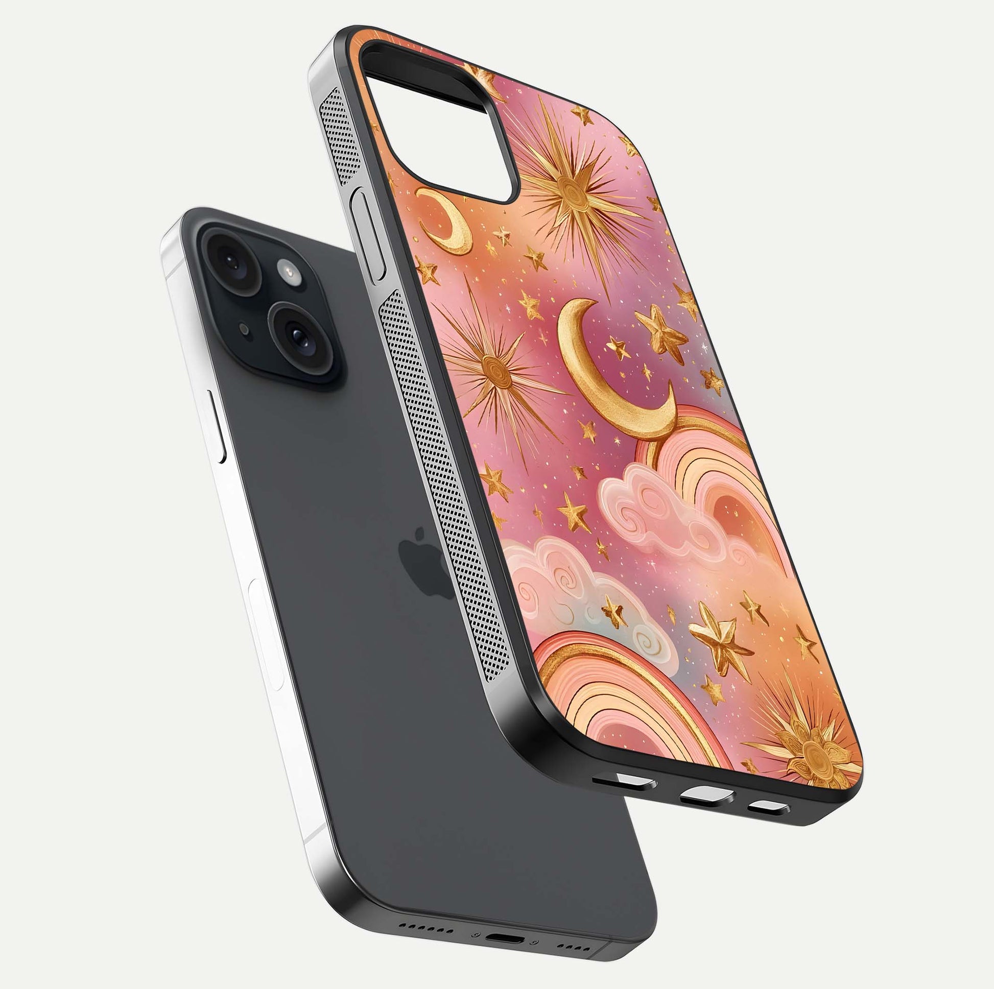 Golden Celestial Dreams Glass Case for iPhone 15 floating dual-view mockup showing gloss surface and dream-like glow