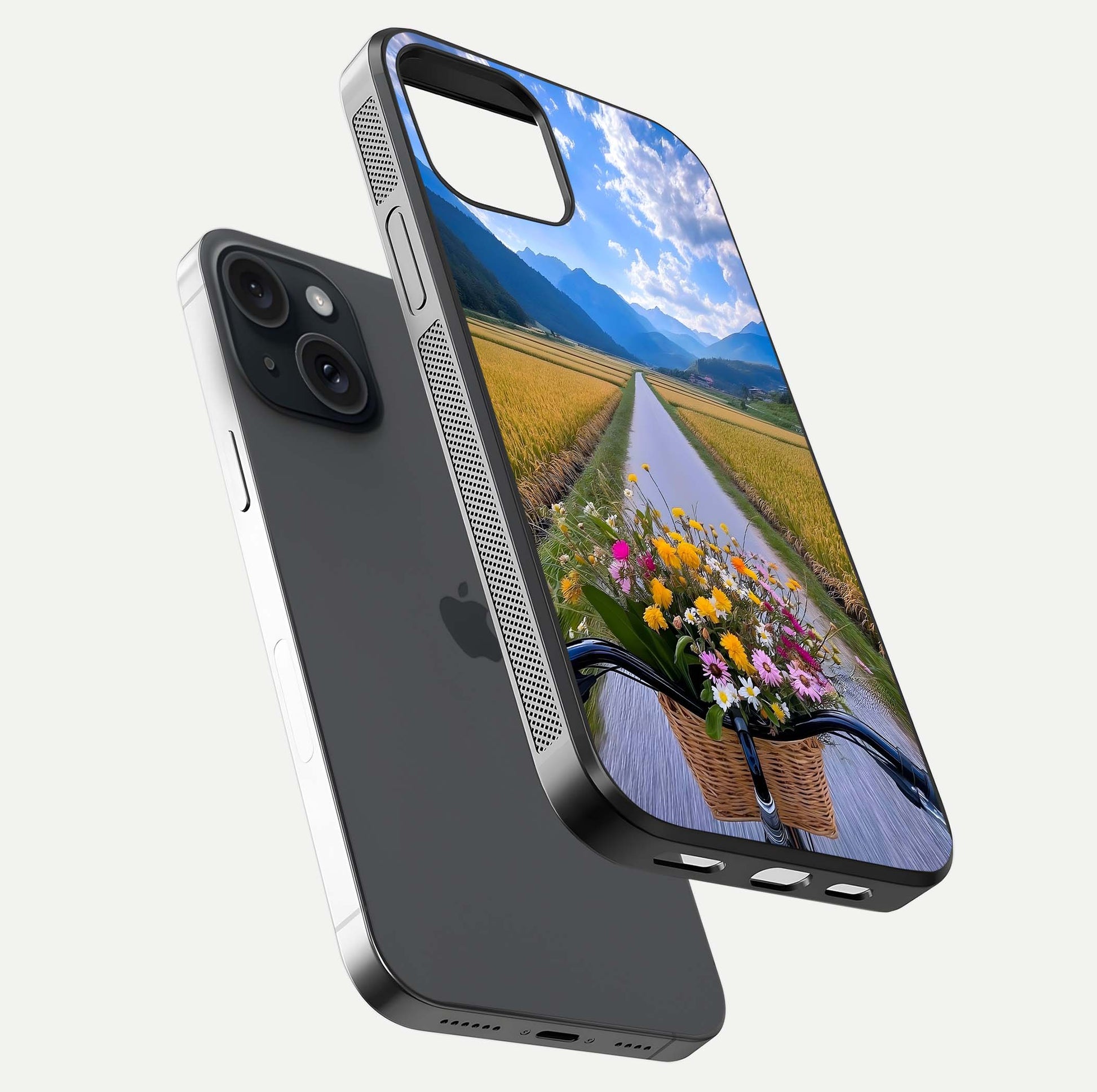 Golden Field Journey Glass Case for iPhone 15 floating dual-view mockup showing gloss surface and field depth