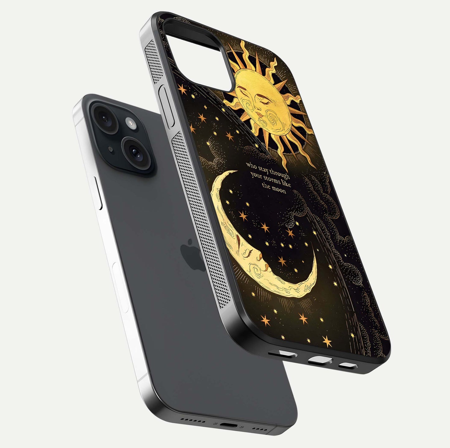Golden Lunar Love Glass Case for iPhone 15 floating dual-view mockup showing glossy glow and romantic theme