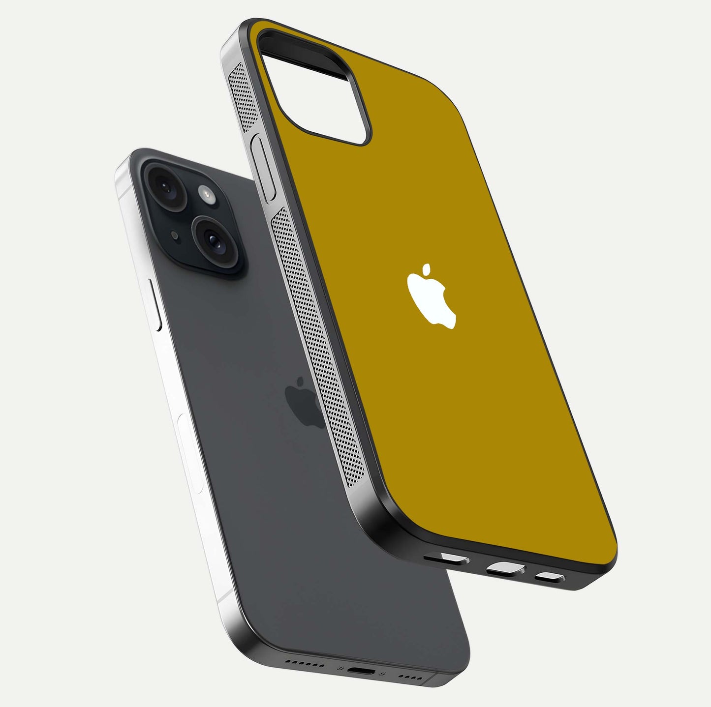 Golden Luxe Aura Glass Case for iPhone 15 floating dual-view mockup showing glossy texture and elegant gold gradient