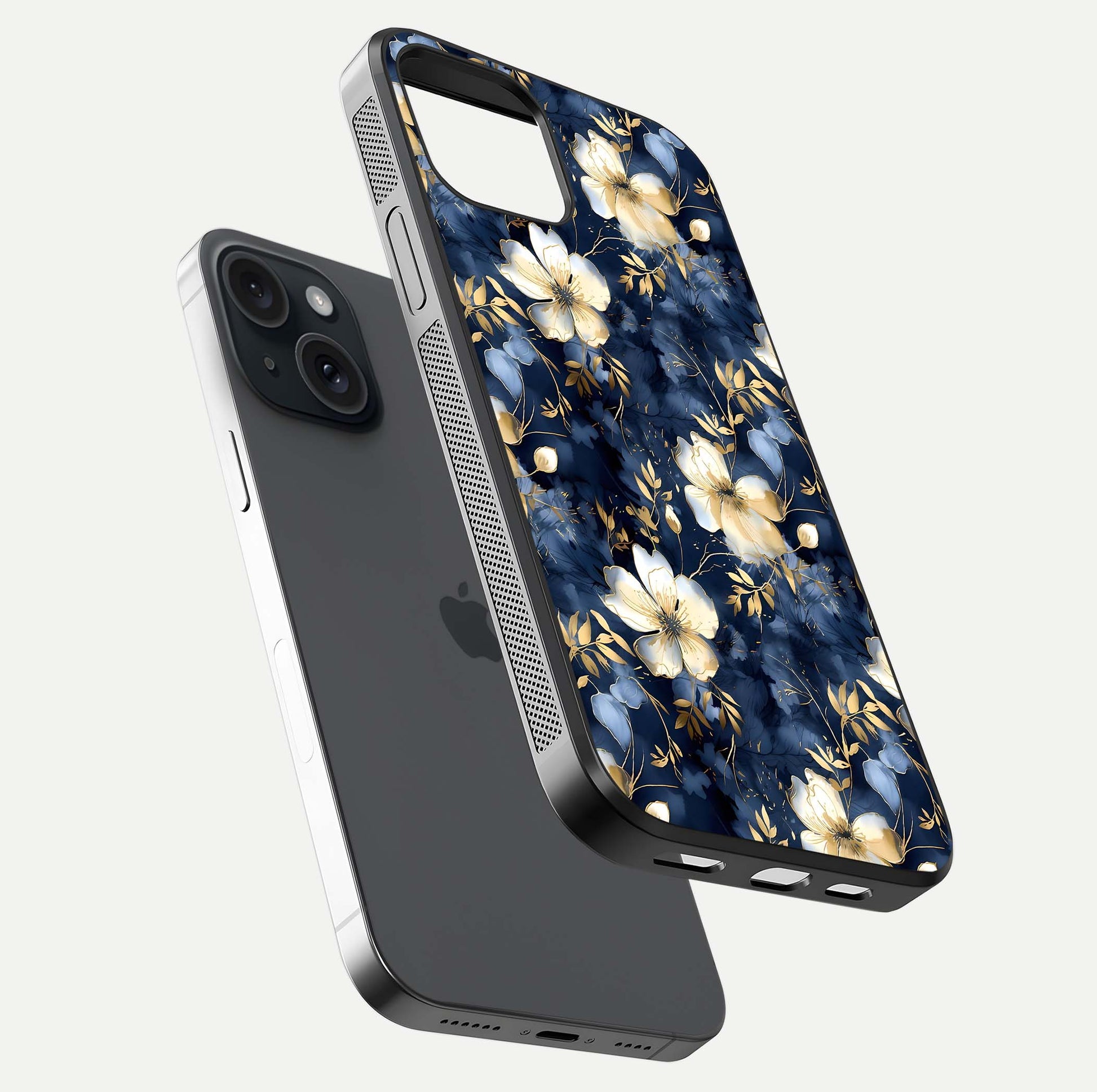 Golden Midnight Bloom Glass Case for iPhone 15 floating dual-view mockup showing gloss polish and metallic reflection