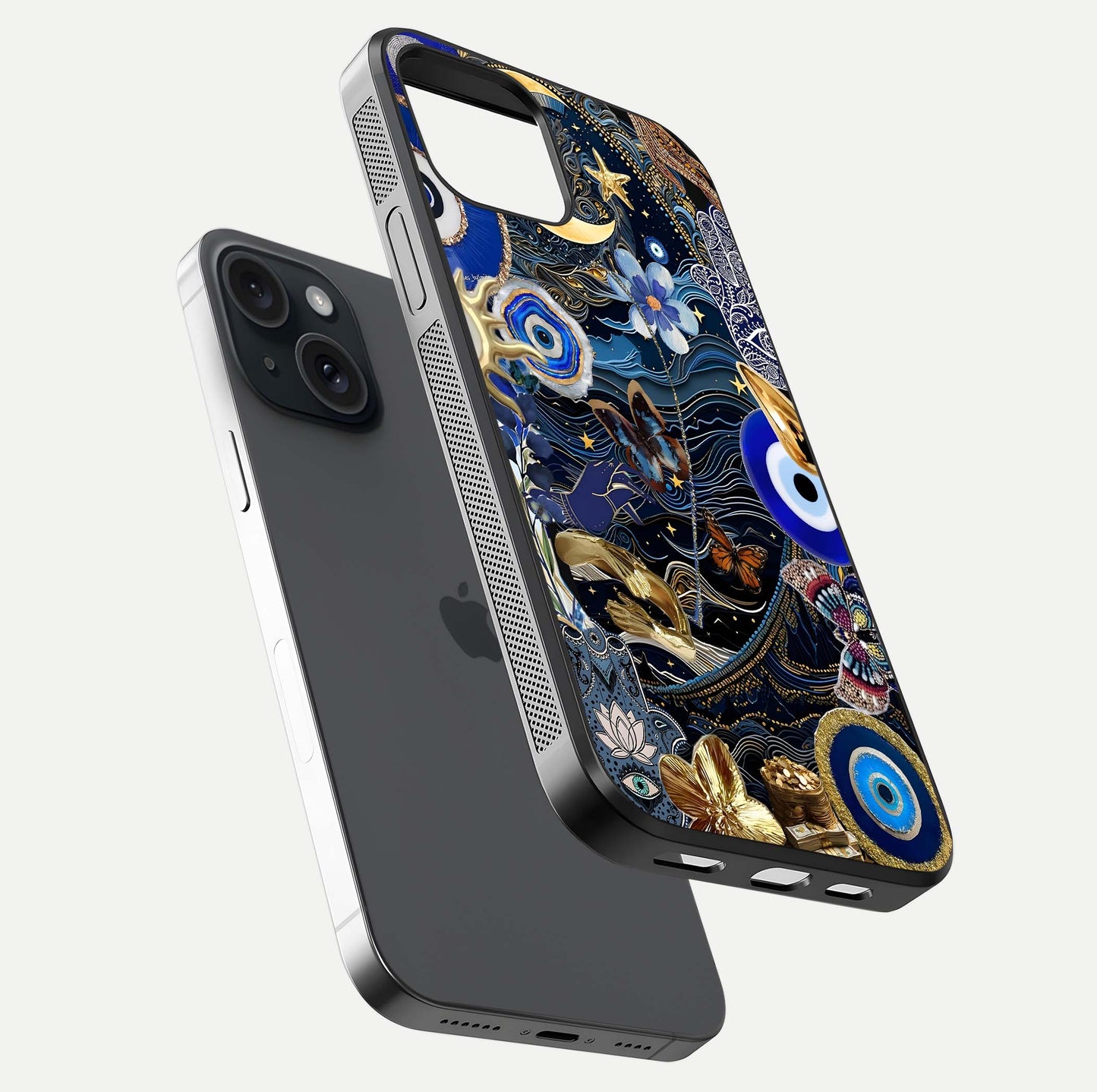 Golden Moon Magic Glass Case for iPhone 15 floating dual-view mockup showing gloss texture and golden illumination