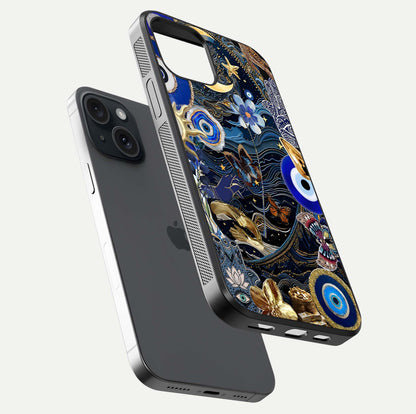 Golden Moon Magic Glass Case for iPhone 15 floating dual-view mockup showing gloss texture and golden illumination