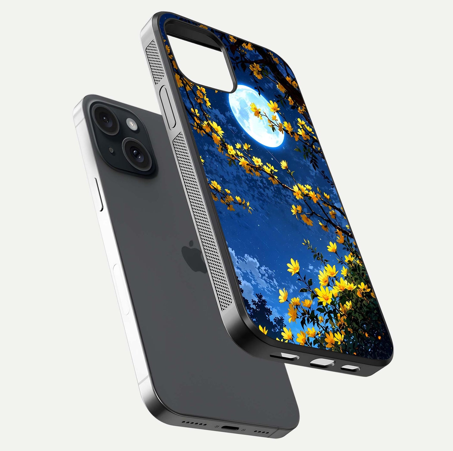 Golden Night Glow Glass Case for iPhone 15 floating dual-view mockup showing gloss polish and luxury shine