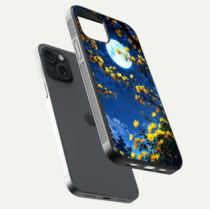 Golden Night Glow Glass Case for iPhone 15 floating dual-view mockup showing gloss polish and luxury shine