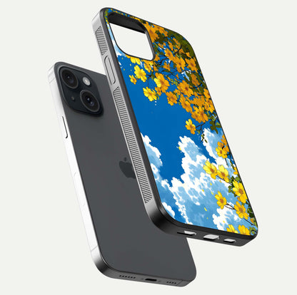 Golden Petal Sky Glass Case for iPhone 15 floating dual-view mockup showing gloss brilliance and gold detail