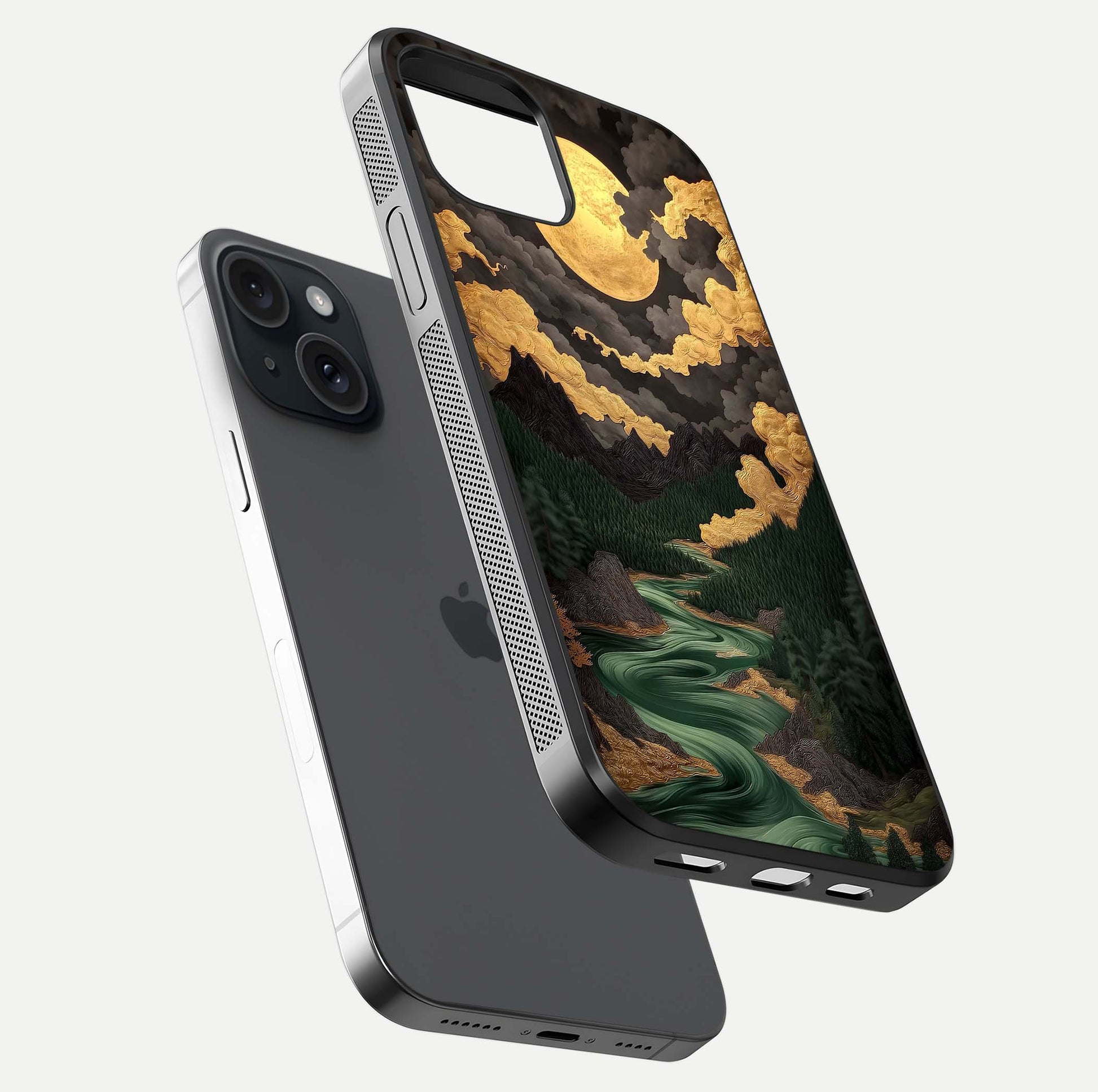 Golden River Moon Glass Case for iPhone 15 floating dual-view mockup showing gloss surface and luxury tone