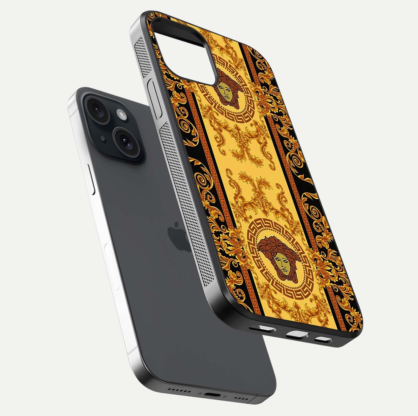 Golden Royal Heritage Glass Case for iPhone 15 floating dual-view mockup showing glossy surface and rich regal tone